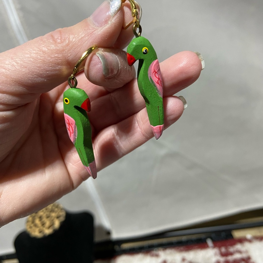Carved Painted Wood Parrot Earrings